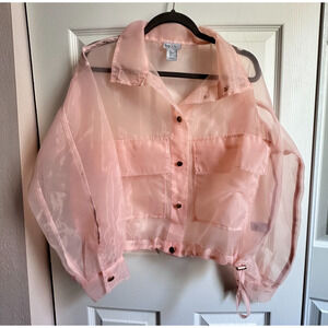 Nicole Miller Womens Small Blush Pink Sheer Organza Button Up Bomber Jacket